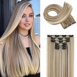 Perucas sintéticas Perucas sintéticas Cabelo preto 24/60cm 140g 6 unidades / conjunto Mulheres longas retas sintéticas clipe de cabeça cheia 16 clipes Ombre fibra resistente ao calor 240328 240327