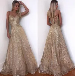 Gold Evening sukienka długa blask 2022 NOWOŚĆ VNECK Women Eleganckie paski cekinowe Aline Maxi Prom Party Suknia sukienka abendkleider2454004