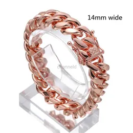 Bangle Granny Chic curbstone Cuban Chain Bracelet for Women Men Stainless Steel Chain Jewelry 10mm/14mm Beautiful Pink Gold Color Bracelet 240319