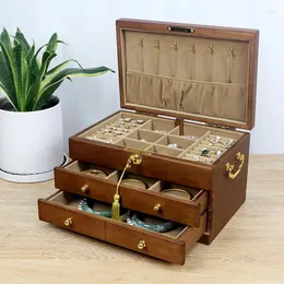 Jewelry Pouches Wooden Box Necklace Earring Ring Retro Style Luxury Drawer Organizer Three Layer Display Rack Packing