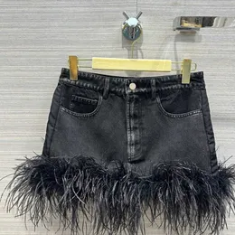 Yaz yüksek bel denim elbise devekuşu tüyü trim toptan seksi moda denim devekuşu tüy etek kadınlar için