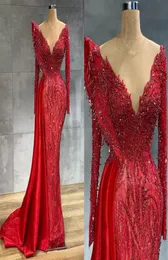 2022 Czerwone sukienki wieczorowe długie rękawy luksusowe kryształy z koralikami syrena klejnot klejnot szyi niestandardowe suknie balowe plus size
