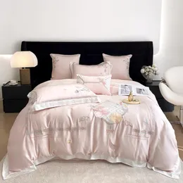 Zestawy pościeli różowe chińskie kwiaty haftowe Zestaw Naturalny Lyocell Soft Silk Duvet Cover Arkusz łóżka Tylko 2 poduszki