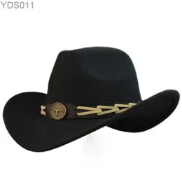 Ampla borda chapéus balde retro vaca cabeça de couro banda mulheres homens / criança criança lã quente cowboy ocidental chapéu cowgirl boné (54-57-61cm 240319