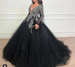 New Arrival Sexy V Neck Black Muslim Prom Dresses 2020 Full Sleeve Hand Beading Sequin Crystal Ball Gown Tulle Evening Gowns Dubai8611961