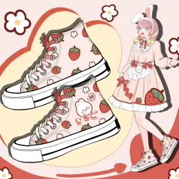 Sapatos Amy e Michael 2022 Spring Girls Futrias Alta Top Sapatos de lona Adorável Anime pintado à mão Plimsolls Mulher vulcaniza sapatos