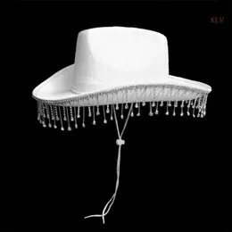 Cappelli a tesa larga Secchiello Sposa Cappello da cowgirl per matrimonio adulto Cowboy con strass Adatto alla maggior parte delle donne Festa a tema Nero Bianco Rosa 240319