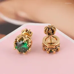 Stud Earrings European And American Fashion Simple Crown Shape Inlaid Grandmother Green Zircon Round Female