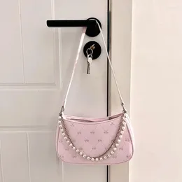 Totes Xiuya Pink Womens Shoulder Bag Elegant Cute Bow Pearl Chains Embroidery Handbag Casual Leather Korean Fashion Female