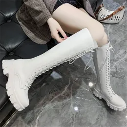 Boots Women's Long High Boots White Pu Leather Knee High Boots Feminer Fashion Lace Up Platform Botas Mujer High Boots Size 43