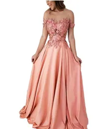 2022 Sexy Peach Aline Long Longedrase Dresses Length Flower Flower Lace Satin Crystal قبالة الكتف سهرة فستان Vestido2927174