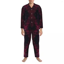 Homens sleepwear vermelho galáxia pijama conjuntos outono abstrato espaço impressão adorável casa senhora 2 peças estética oversize personalizado nightwear presente