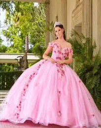 Pink 3D Flower Quinceanera Dresses Tiere Tulle Ball Gown Prom Party Gowns Shiny Princess Junior Girls Pageant Vestidos De Soiree1931262