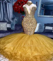 Muhteşem lüks altın deniz kızı balo elbiseleri 2019 seksi derin v boyun dantelli tül zemin uzunluğu boncuk kristal balo pageant önlükleri vesti4978385