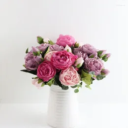 Kwiaty dekoracyjne sztuczna jedwabna piwonia na wesele dekorację domu - 5 dużych głów i 4 pąki 30cm różowy różowy ogródek kwiatowy DEC
