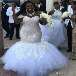 Brautkleider im Meerjungfrau-Stil in Übergröße 2019, bescheiden, schulterfrei, afrikanische Brautkleider mit Spitzenapplikation, Perlen, in voller Länge, Strandgarten, Wedd3142745