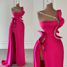 Rosa Meerjungfrau-Abendkleid, elegant, mit Rüschen, Strasssteinen, Trägern, Ballkleid, Perlenstickerei, Satinkleider für besondere Anlässe, geteilter Sweep-Zug, Robe de Soiree