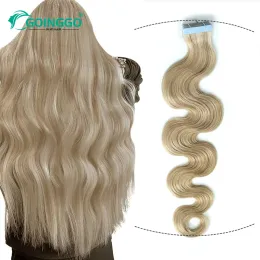 Extensões de cabelo p16/22 fita em extensões de cabelo humano onda do corpo loiro dourado destaque cinza escuro loira extensões de cabelo extremidades completas 1226 Polegada 20 pçs