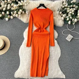 Casual Dresses ALPHALMODA 2024 In Autumn Winter French Premium Round Neck Hollow Waist Slim Fit Sweater Dress Women Sexy Split