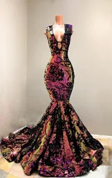 Sparkly Pailletten Samt Meerjungfrau Afrikanische Prom Kleider 2020 Vestidos de gala Sexy V-ausschnitt Gericht Zug Schwarz Mädchen Abend Party Kleid 5407407