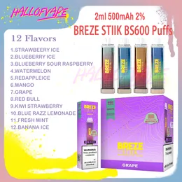 100% Original BREZE STIIK BS600 Puff Disposable E Cigarette Vaper 500mAh 2ml E-liquid 600 Puff 12 Flavors