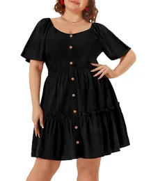 Womens Plus Size Button Front Detail Dress Elastic Waist Large Plain Pleated Skirt Short Sleeves Square Collar Mini 240312