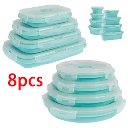 8 pçs recipientes de armazenamento de alimentos dobráveis portátil silicone lancheira microondas máquina de lavar louça segura para cozinha escola bento caixa 240304