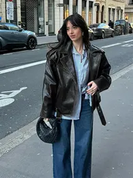 Jaquetas femininas mulher moda jaqueta curta de couro com cinto solto lapela manga longa zíper casaco 2024 feminino elegante preto rua outerwear