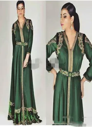 2019 New Emerald Green Moroccan Caftan Long Sleeve Prom Dreess Custom Make Gold 자수 Kaftan Dubai Abaya Arabic Evening Wear2898312