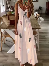 Vår- och sommar ärmlös Slim Feather Printing Lowcut Vneck Halter Swing Long Womens Dresses Fashion Party Dress 240318