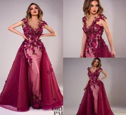 Nuovi abiti da sera Tony Chaaya con strascico staccabile Perline bordeaux Sirena Abiti da ballo Applique in pizzo senza maniche Festa di lusso Dres1209479