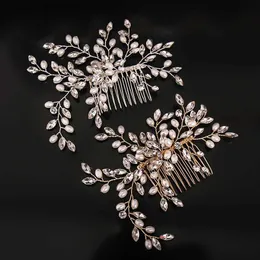 Tiaras Exquisite Gold Flower Hair Combs for Bride Rhinestones Pearl Wedding Headdress Haile Jewelry Crystal Hair Accessories Trombone Y240319