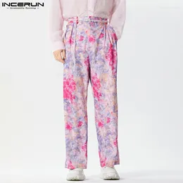 Calças masculinas Incerun flor reta impressão botão corredores soltos calças casuais homens streetwear 2024 moda coreana S-5XL