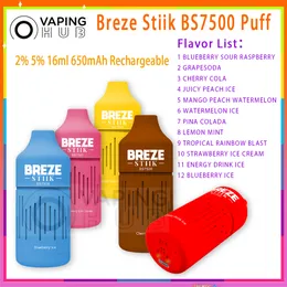 Primär Breze Stiik BS7500 Puff Disposable E-cigaretter Mesh Coil 650mah Battery Vapers 2% 5% Nivå 16 ml Förinställda POD 12 smaker 7500 puffar Vape Pen