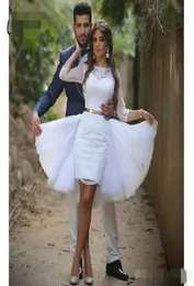 White Lace Homecoming Dresses Jewel Neck with 34 Long Sleeves Belt Beaded Above Knee Length Mini Cocktail Party Gown with Overski5829734