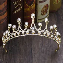 Tiaras New Wedding Crown Edriress Rhinestone Pearl Head Band Gold Crown Princess Crown Heakddress Bride Wedding Hair Akcesoria Tiara Y240319