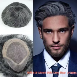 ウィッグヒューマンヘアトゥーピー＃1B50グレーグレーカラーヘアシステムユニット10x8inchマンToupee for White Mens Peruk Hombre Thread sthesis