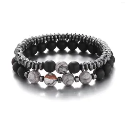 Strand 2st/Set Natural Stone Black Gallstone Frosted Combination Beaded Men's Armband Fashion Set