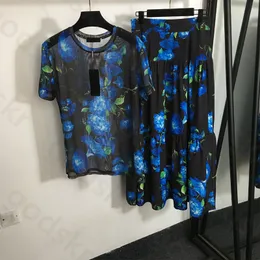 Camisa de gaze fina saia feminina moda solta cintura alta meia saia floral impressão t camisa casual saia completa