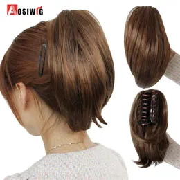 Perucas sintéticas Perucas sintéticas AOSIWIG Sintética curta reta garra clipe em rabo de cavalo bonito meninas cabelo resistente ao calor preto cinza peruca vermelha peruca 240329