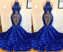 Royal Blue Mermaid Prom Dresses 2019 Rose Flowers kjolar Long Chapel Train Halter African Evening Gowns Gold Applique Pärlor Formal9087477