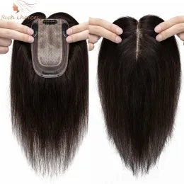 Toppers de cabelo humano natural, escolhas ricas, 7x13cm, base de seda, peça de cabelo para mulheres, clipe em extensões de cabelo