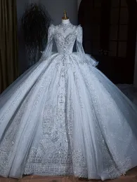 Cristalli Charmig Una linea Abiti da sposa per la sposa Donna Boho Plus Size Maniche lunghe nuovi fiori bling Sheer Gioiello Collo Corte dei treni Abito da sposa di lusso abiti da sposa