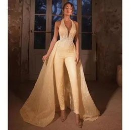Золотые платья-комбинезоны со съемной юбкой, кружевные аппликации, вечерние платья без рукавов, скользящий шлейф, плюс размер, сексуальная вечеринка для выпускного вечера W6714896