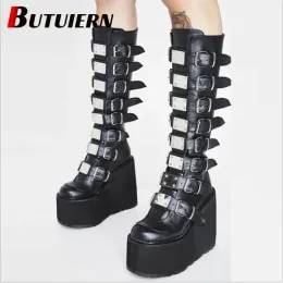 Stövlar kvinnors svarta långa lår höga stövlar faller metall punk gotisk 11 cm plattform stövkvinna kilar höga stövlar botas femininas