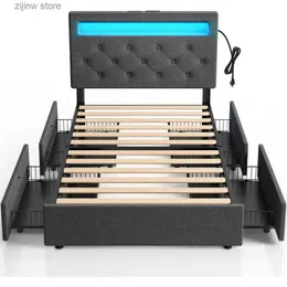 Other Bedding Supplies Dual size bed frame with LED lights and charging station bedding with drawers wooden boards and easy to assemble Y240320