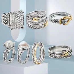 Dy marka 925 STERLING Silver Retro David Luxury Diamond Ring İki Ton Çapraz İnci Kadın Moda Tasarımcısı Yüzük Takı Doğum Günü Hediyesi