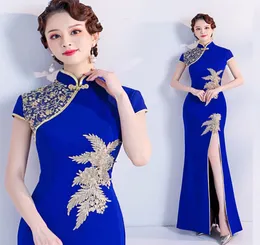 Blue Classic ThighHigh Slits Cheongsam High Collar Short Capped Sleeves Embroidery Oriental Women Dresses Chinese QIPAO7355164