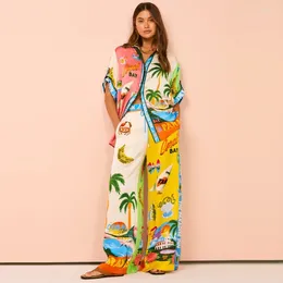 Kadınlar İki Parçalı Pantolon Şık Kısa Kollu Renk Bloğu Tatil Eşsiz Baskılarla Günlük Drawstring Seti