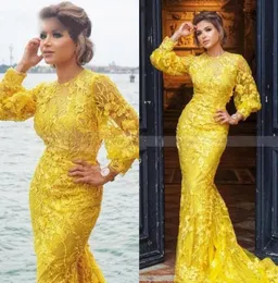 2020 Yellow Mermaid Prom Dresses Full Lace Long Sleeves Elegant Muslim Evening Bowns Plus Size Särskild Dress1339759